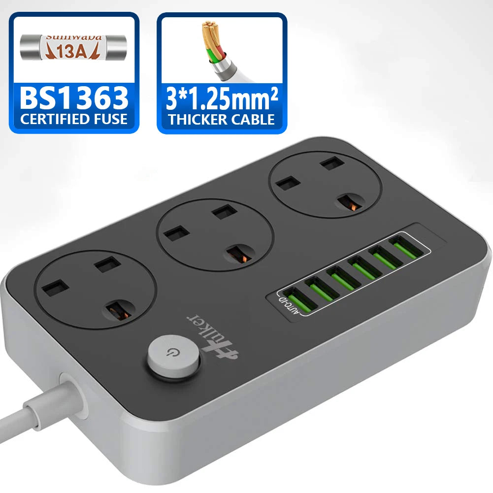 Regleta de enchufes tipo cubo con 6 puertos USB, 13A, 3250W, Hulker, 3 tomas de corriente con interruptor, regleta de alimentación de 3 vías con 6 puertos USB, 1,5 m