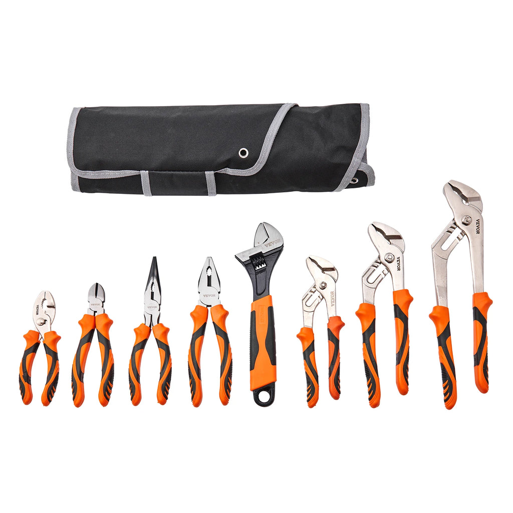 SucceBuy Juego de 8 alicates de acero con alto contenido de carbono: alicates ajustables de 12"/10"/8", alicates de electricista de 8", alicates universales de 6" y bolsa para herramientas