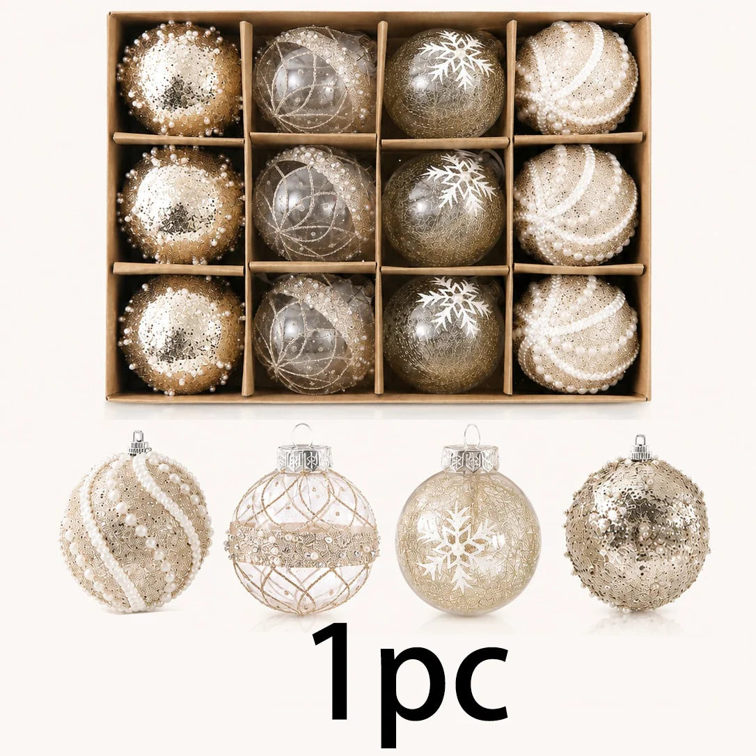 12Pcs 8cm Champagne Gold Clear Christmas Ball Ornaments 4 Styles Glitter Pearl Snowflake Shatterproof Xmas Tree Hanging Decor