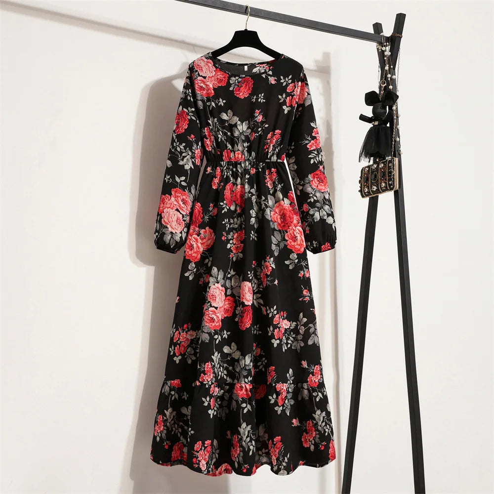 Abito lungo floreale da donna con scollo rotondo