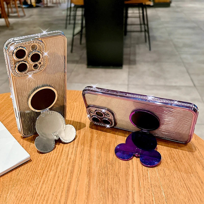 Luxury Glitter Cute Mirror Case For iPhone 18 ProMax 17 Air 16 15 Plus 14 Pro 13 12 Pro Max Rotation Bracket Half Wrapped Cover