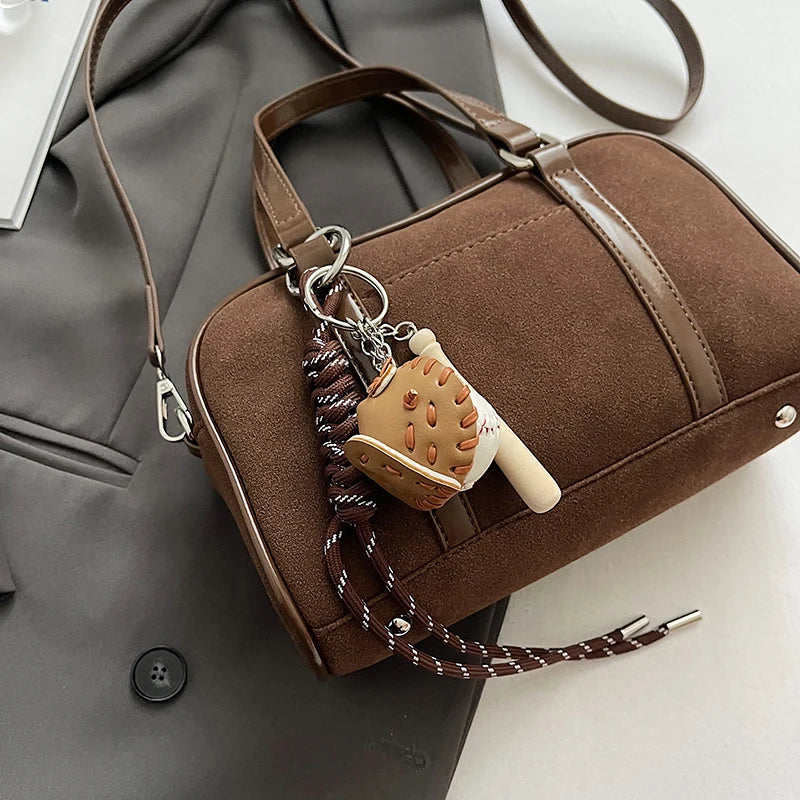 Mini Boston Top-handle Bags For Women PU Suede Pure Color Shoulder Crossbody Bag With Base Ball Pendant 2025 New Luxury Handbags