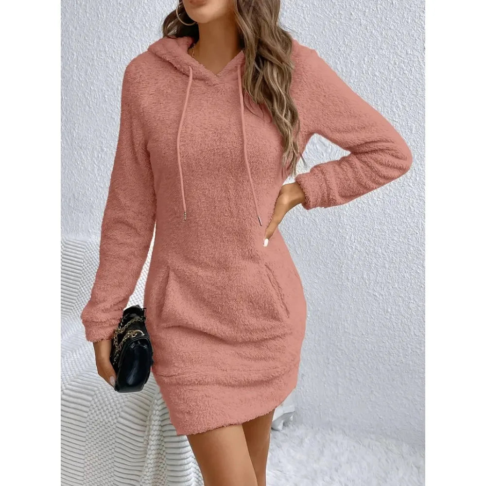 Women's polyester mini dress with V-neck and long sleeves