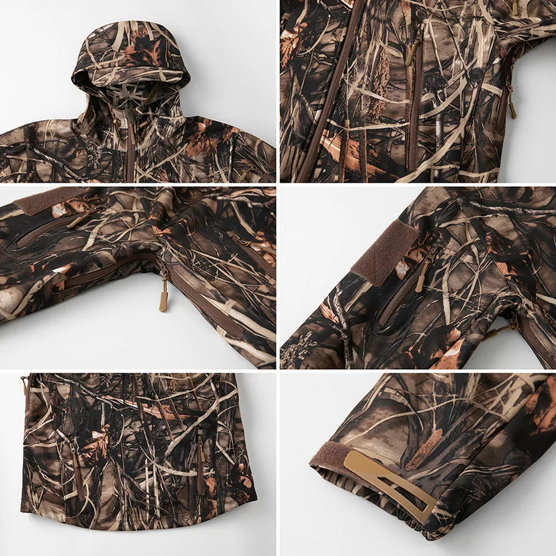 Chaqueta táctica de camuflaje de softshell silencioso para hombre, cortavientos, cálida, de forro polar, para caza, senderismo al aire libre, pesca, con capucha