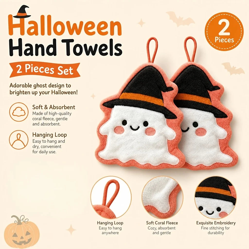 2-piece Halloween decoration set: handkerchiefs shaped like witch hats and ghosts, made of quick-drying coral fleece for the bathroom.