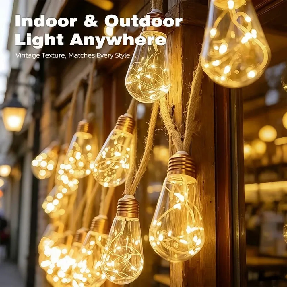 Solar-Lichterkette mit Edison-Glühbirnen und Hanfseil, warmweiß, solarbetrieben, für Garten, Terrasse, Veranda, Hof und Halloween-Dekoration