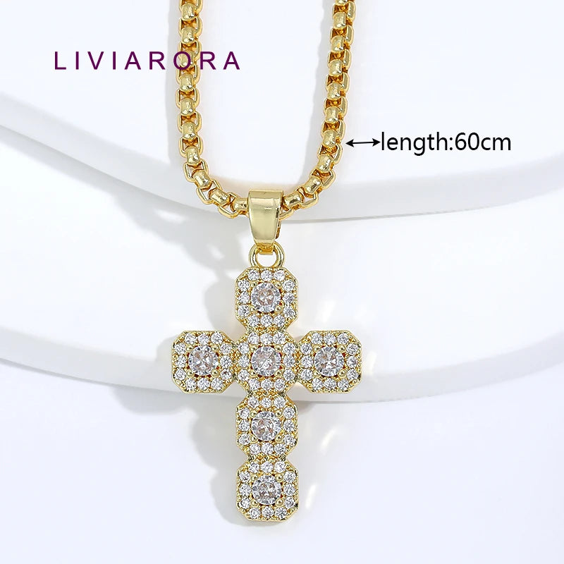 1Pc 18K Gold Plated Brass Iced Out Cross Pendant Necklace Hip Hop Religious Cross Pendant Necklace For Unisex Jewelry Gift
