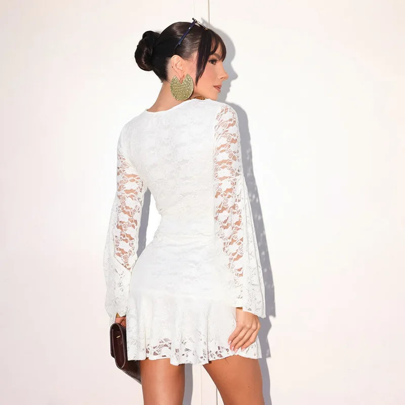 Women's mini dress with V-neck and lace details