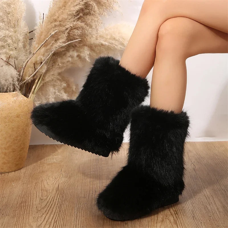 Women's Winter Snow Boots Outdoor Luxury Furry Faux Fox Fur Boots Woman Plush Warm Platform Shoes New Fashion Boots Big Size