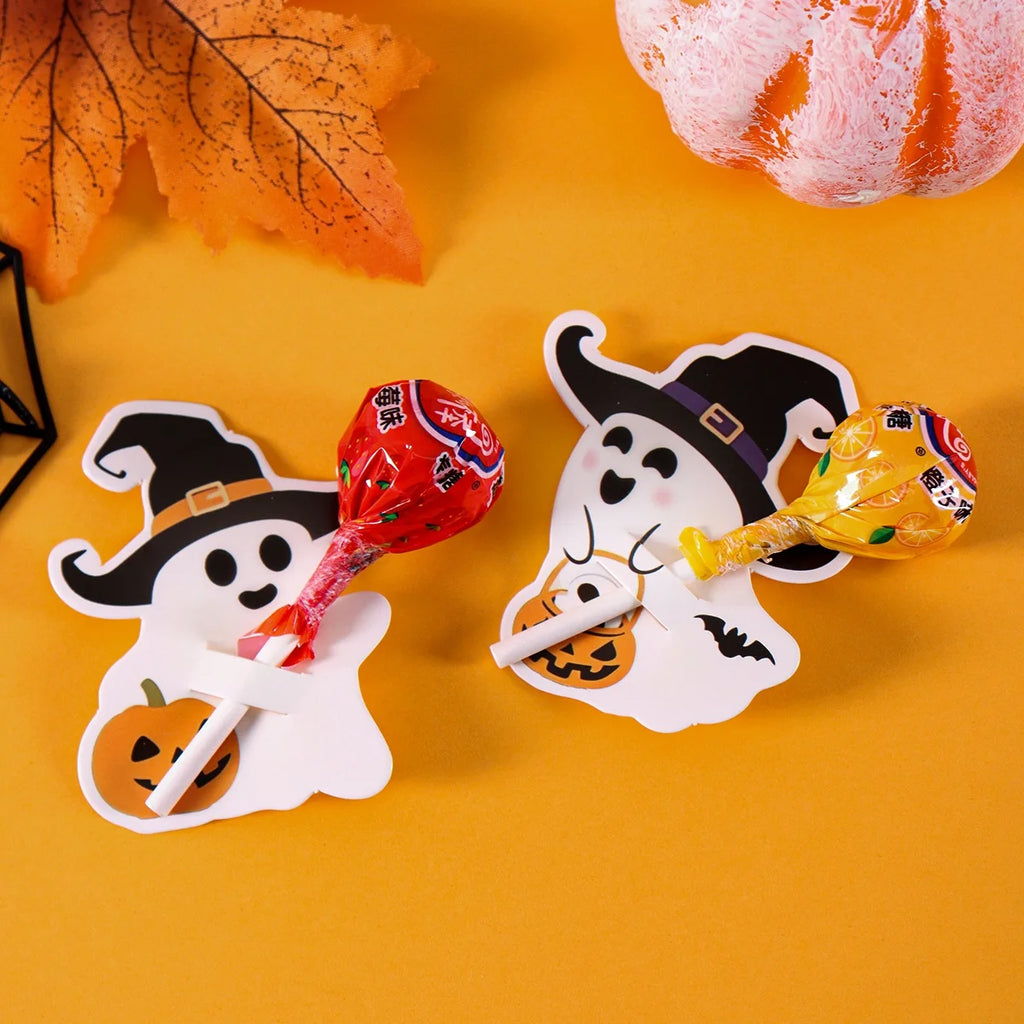 48 cartes porte-sucettes d’Halloween avec motifs mignons de citrouille et de fantôme, pour décoration de fête d’anniversaire ou d’Halloween et cadeaux DIY.