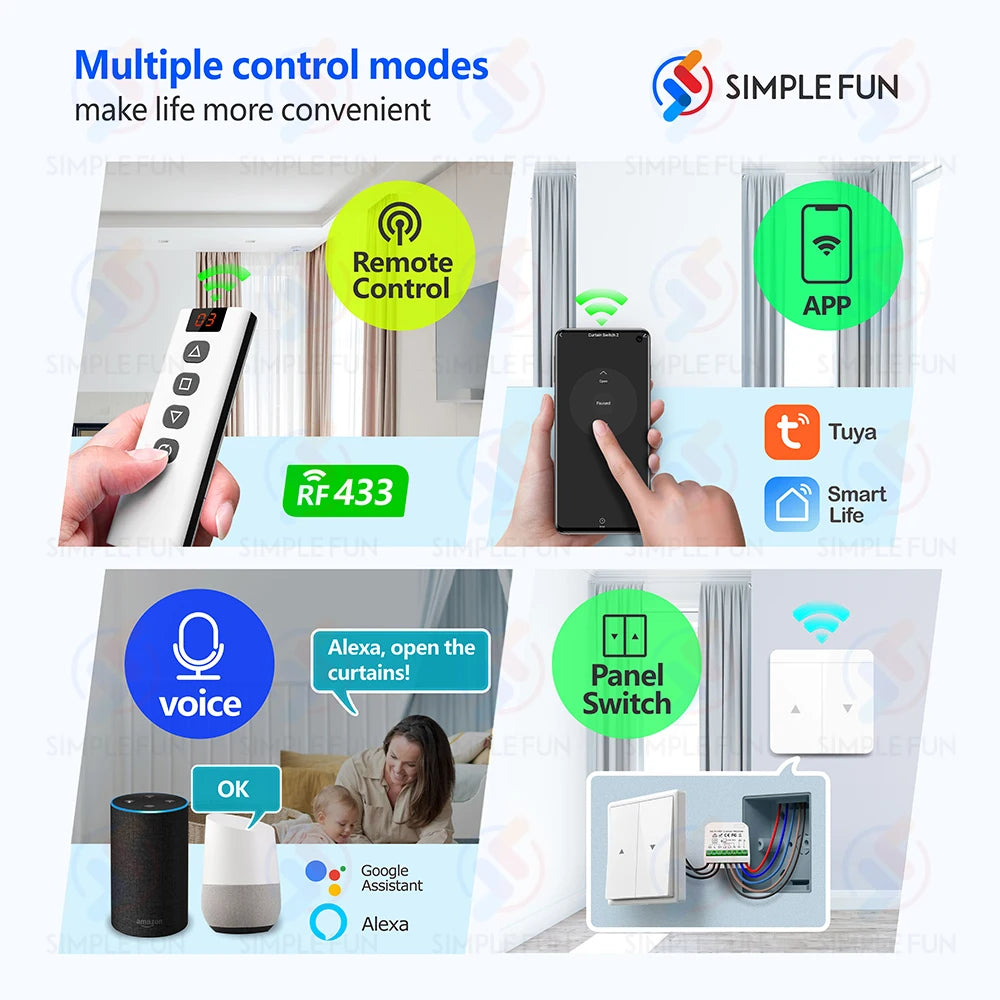 Wireless Curtain Roller Shutter Switch Tuya,WiFi RF Smart Module for Blinds Awning,5-in-1 Remote,Work with Alexa Google Home