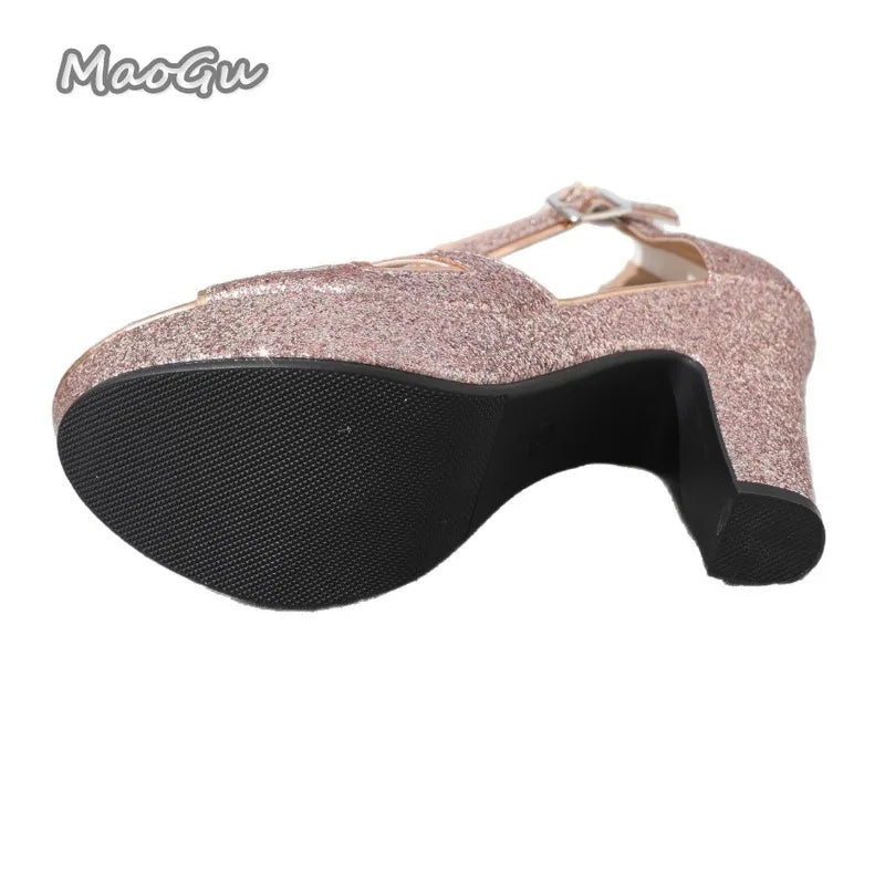 Nuevas sandalias de plataforma rosas con purpurina, puntera abierta, tira al tobillo y tacón ancho; zapatos de fiesta para mujer con diseño calado brillante, tipo salón, para vestir