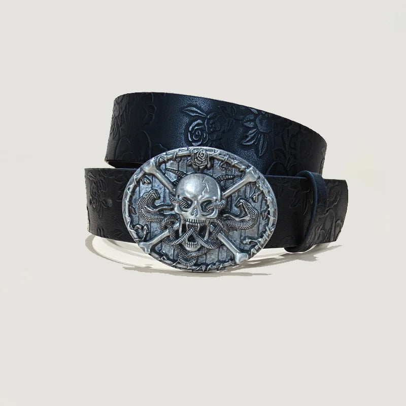 Ceinture en cuir grande taille tête de mort punk pour femmes et hommes, accessoire gothique Harajuku Y2K avec décoration main de squelette en relief pour Halloween