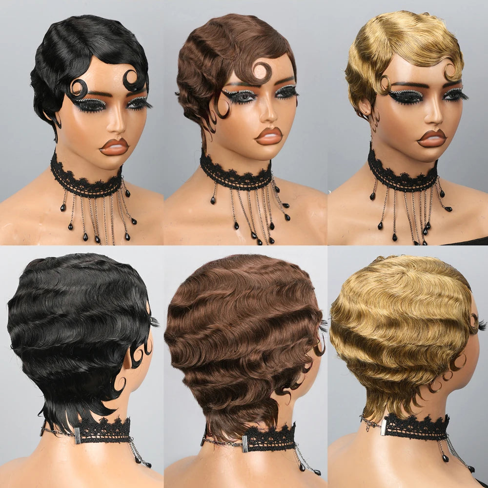 Perruque courte à ondulations en doigt en cheveux naturels pour femme, densité 180 %, brune, coupe pixie à ondulations effet océan, aspect naturel