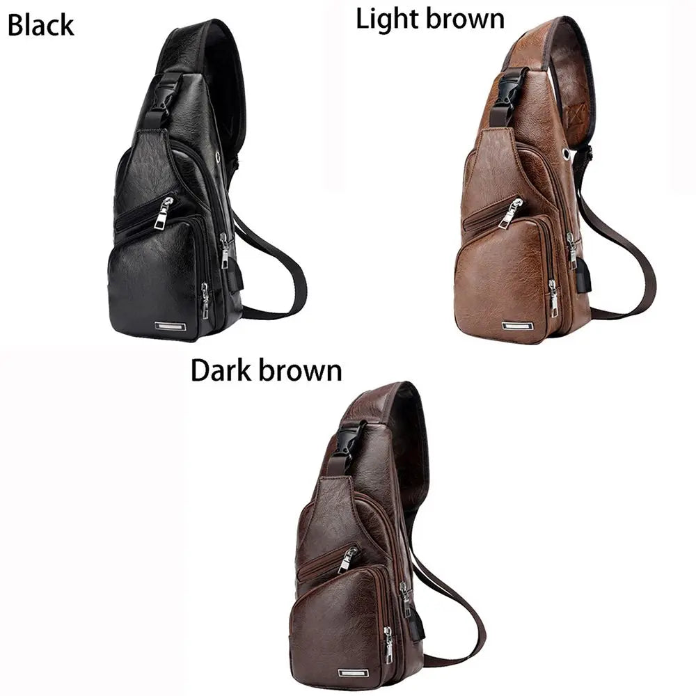 Men’s PU Shoulder Bag with USB Port Detail