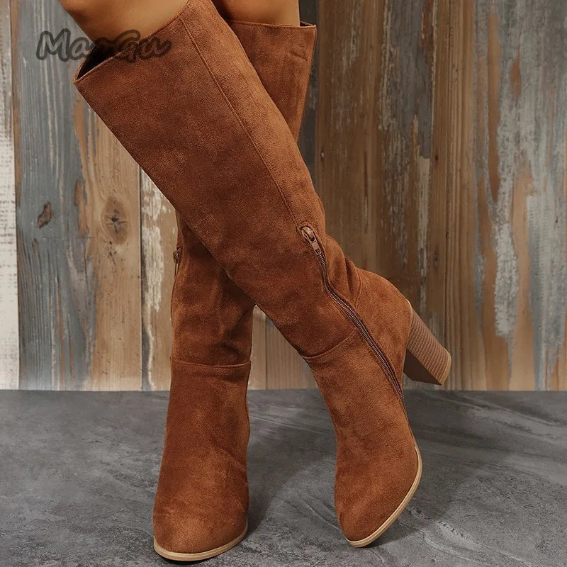 Retro Knee High Suede Riding Boots Women 2025 Winter Side Zipper High Heels Western Cowboy Boots Warm Plush Leather Shoes Size35