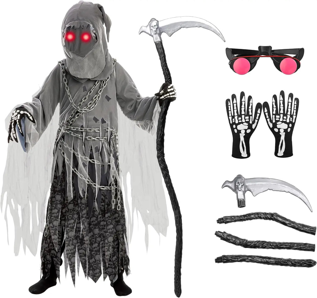 Costume de Faucheuse Sloosh Creations pour enfant, fille ou garçon, avec yeux rouges brillants, pour Halloween et la récolte des bonbons