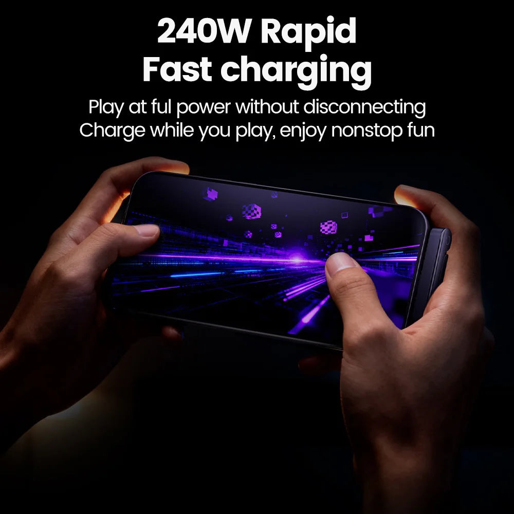 240W 2-in-1 Type-C to USB-C Fast Charging Data Cable with Foldable Phone Holder, Type-C Fast Charging Cable for iPhone 17, Black/Orange