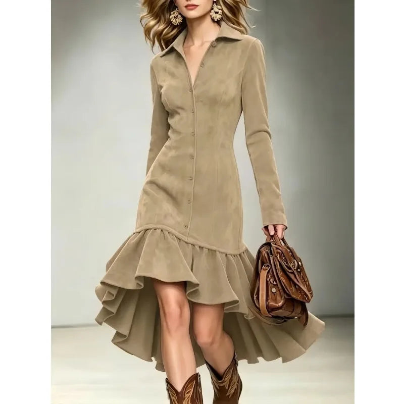 Abito midi da donna con colletto a revers e maniche lunghe