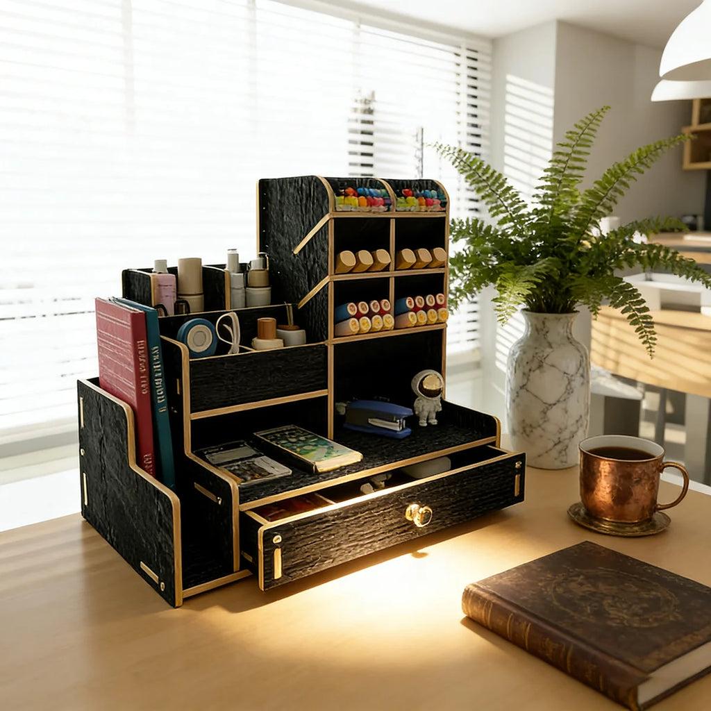 Wood-Grain Desktop Organizer with Drawer