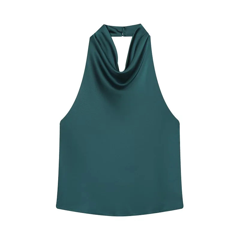 Top satinato da donna con scollo all'americana