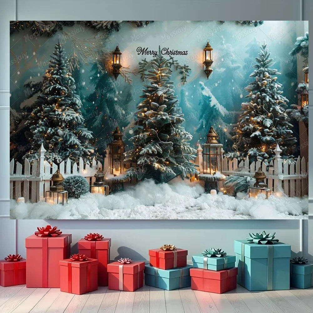 Christmas Party Decor Photography Background Custom Pine Fence Garland Xmas Tree Children Adult Family Portrait Backdrop Props