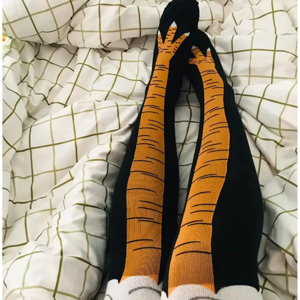 Calcetines de pollo divertidos para hombre, estampado 3D de dibujos animados para cosplay, muy elásticos, hasta el muslo, de algodón, finos y a la moda, con puntera fina.