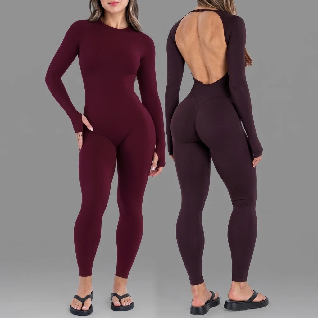 Combinaison de sport femme, manches longues, dos ouvert