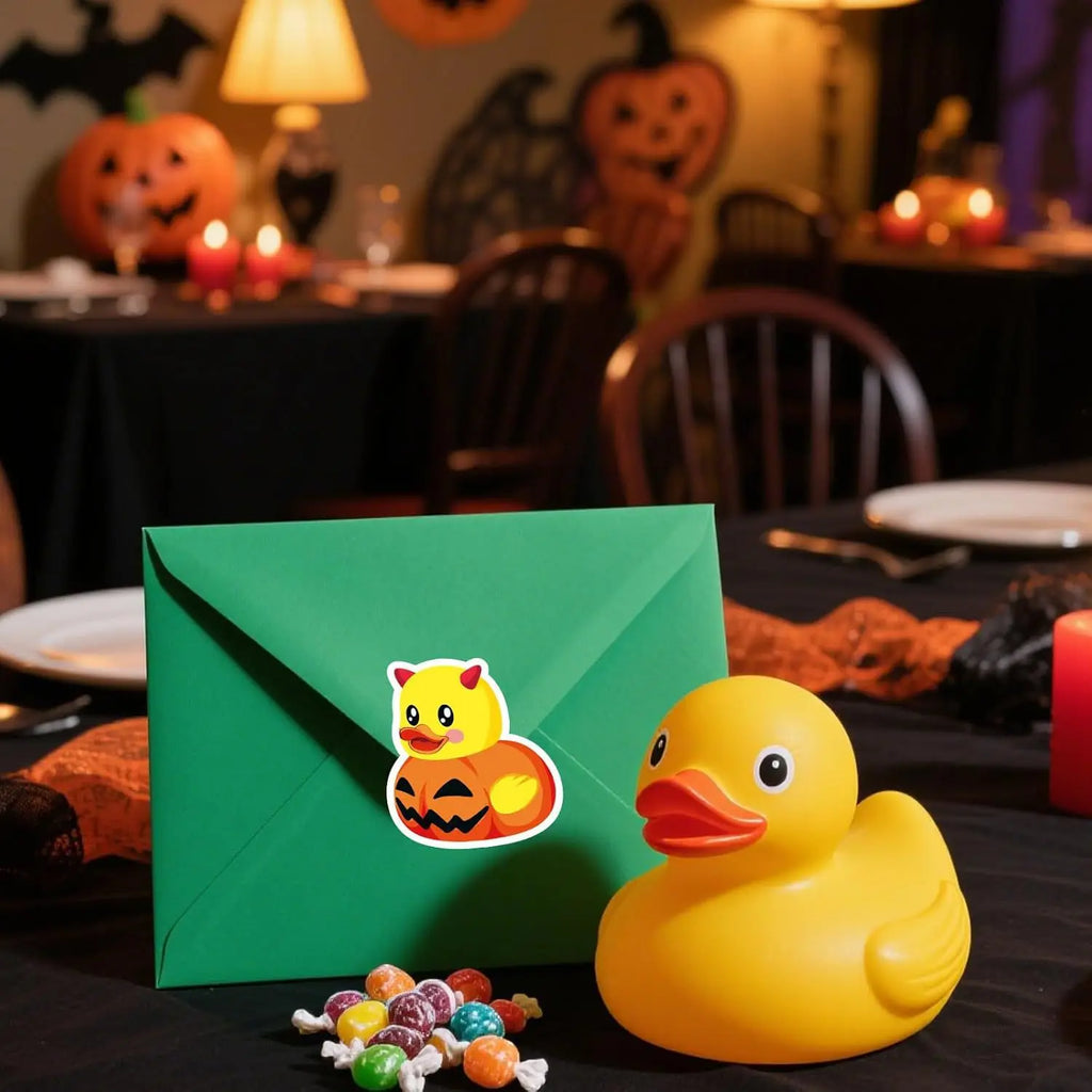 500 Stück Halloween Gummi-Enten Rollenaufkleber Lustige Cartoon-Enten Etiketten für Umschläge, Scrapbook, Süßes oder Saures Partyzubehör