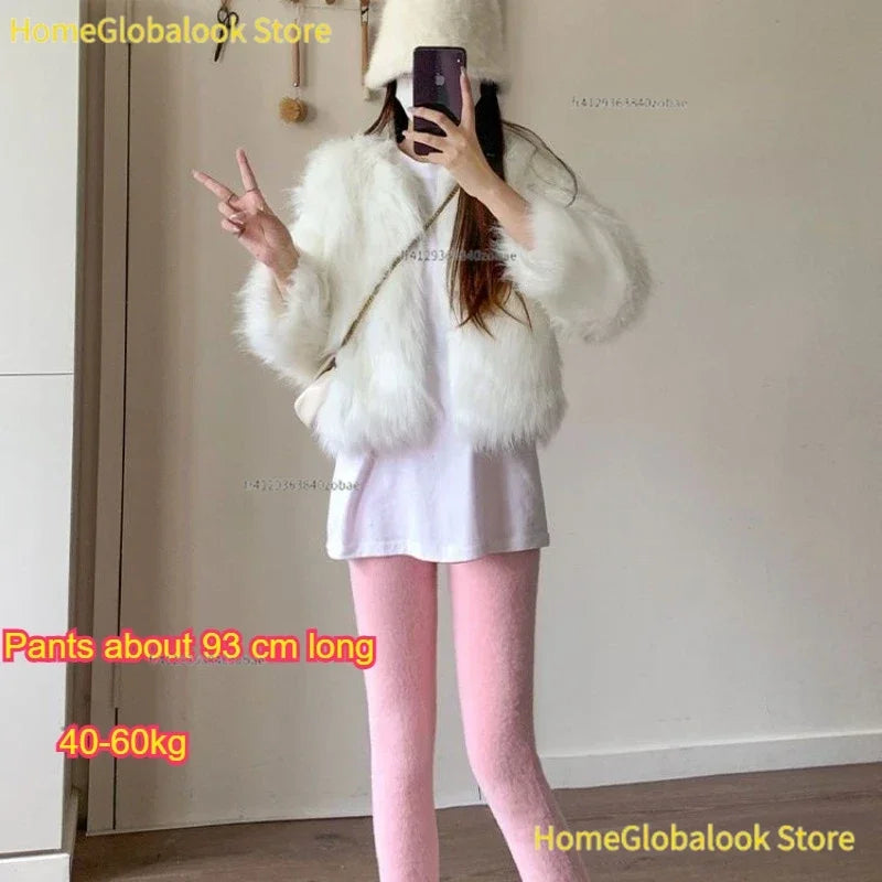 Pantalones rectos de terciopelo de visón rosa para mujer, leggings térmicos de felpa con cintura alta elástica, pantalones casuales de punto para usar en el exterior, parte inferior cálida para otoño e invierno