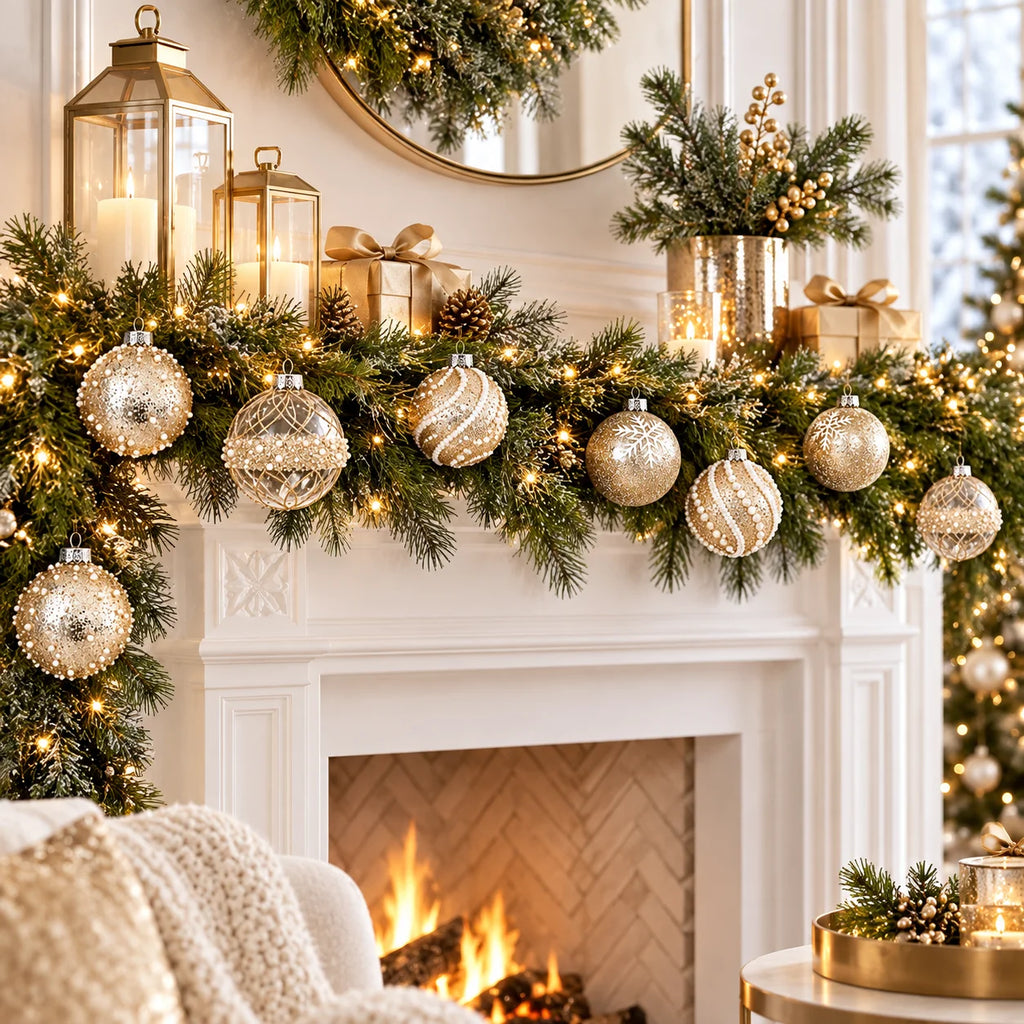 12Pcs 8cm Champagne Gold Clear Christmas Ball Ornaments 4 Styles Glitter Pearl Snowflake Shatterproof Xmas Tree Hanging Decor