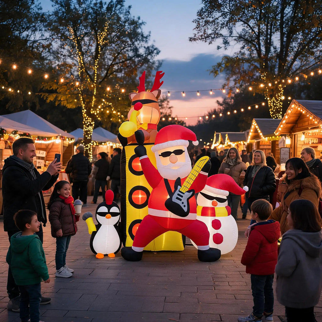 Christmas Inflatable Yard Decoration Santa with Drum Band Outdoor Holiday Lawn Inflatable Set Group Scene Snowman Penguin Reindeer Built In Fan LED Lights Waterproof Polyester Holiday Decor Supplies