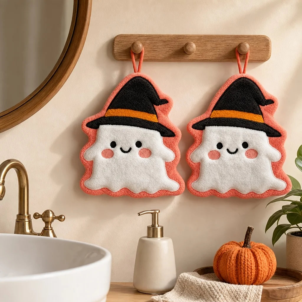 2-piece Halloween decoration set: handkerchiefs shaped like witch hats and ghosts, made of quick-drying coral fleece for the bathroom.