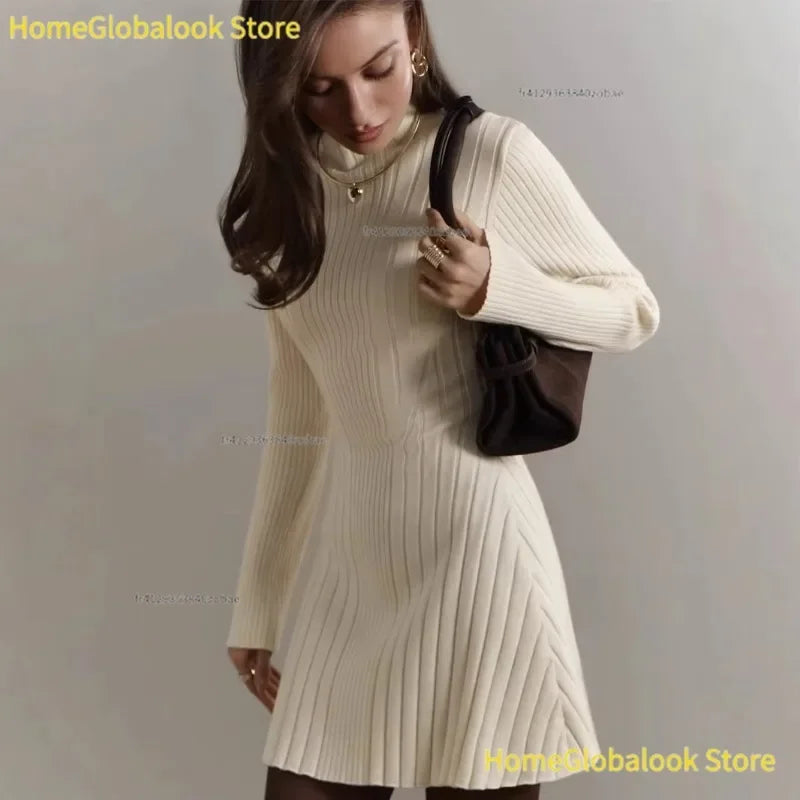 Damen-Strickkleid für den Frühling, langärmlig, mit halber Stehkragen und A-Linien-Rock, eleganter und verspielter Stil, weiches Strickkleid, leichtes, lässiges Strickoutfit für Alltag, Partys, Verabredungen und Büro