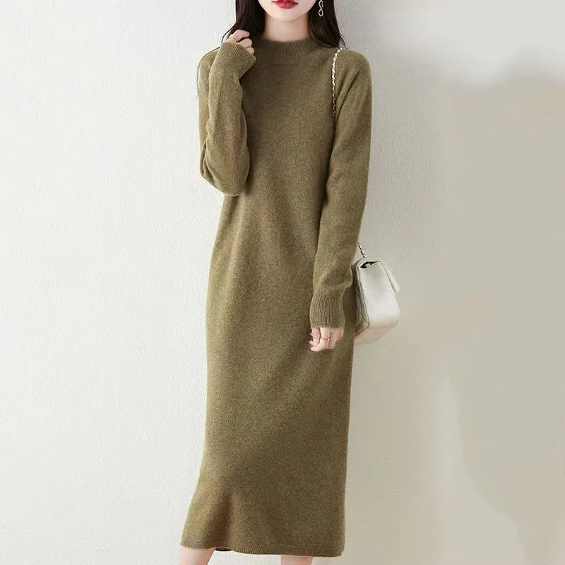 Women's knee-length knit dress with turtleneck