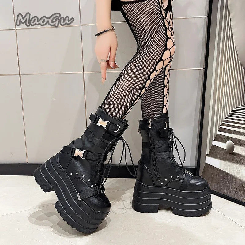 Fashion Design Super High Women's Boots, Thick Soles, Buckle Straps, Lace-Up Gothic Ankle Boots, Platform, Women's Boots, Black and White