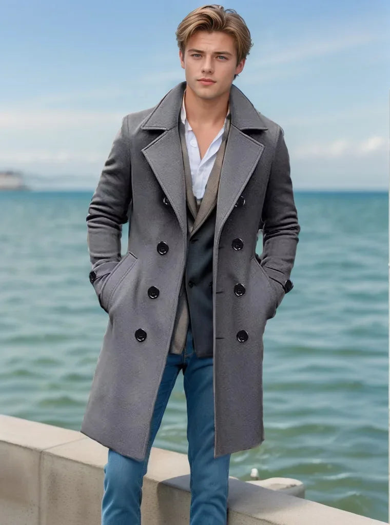 Elegant Men's Casual Windbreaker Coat for Autumn and Winter, Solid Color Button, Long-sleeved, Mid-to-long Style Coat S-XXXL