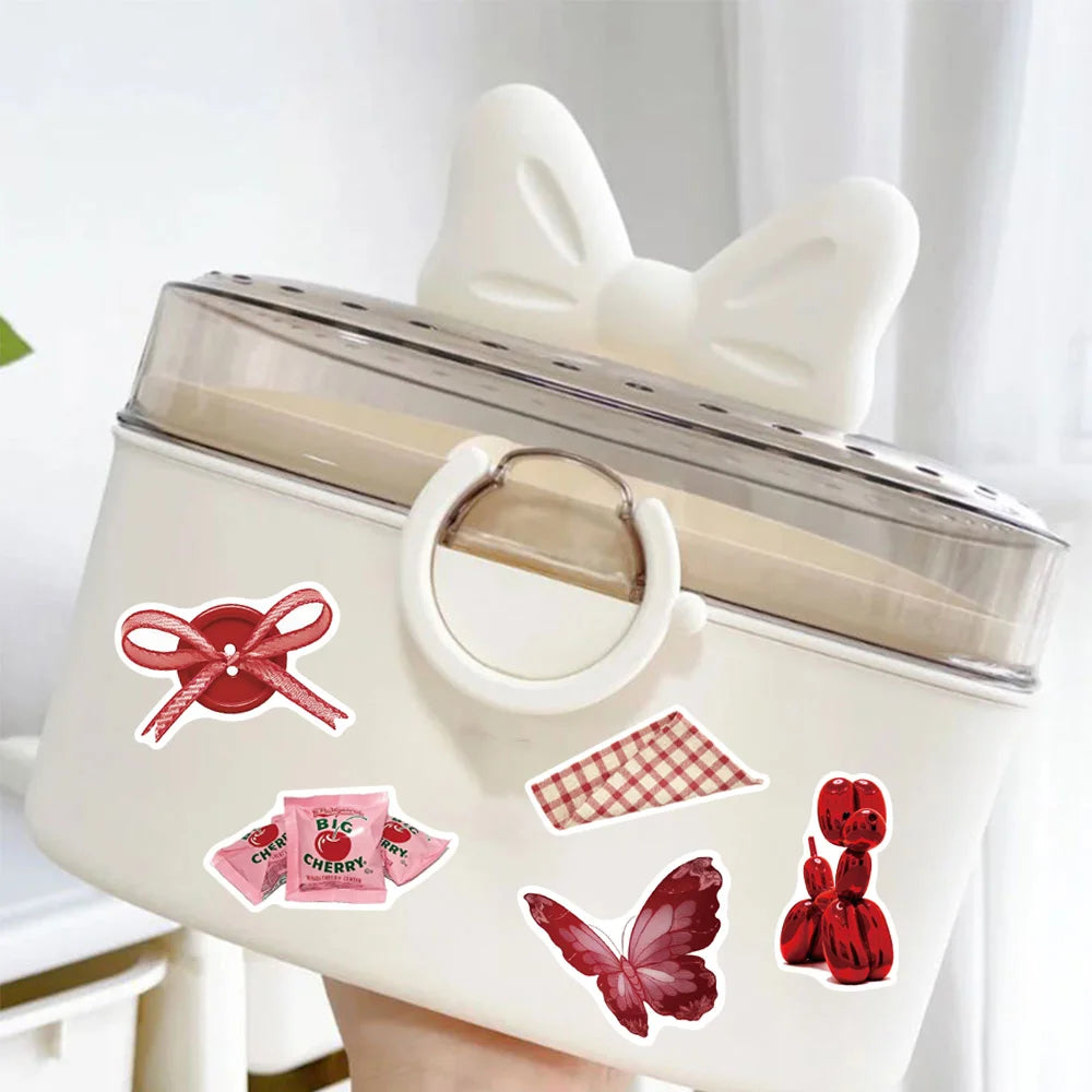 50pcs y2k style cherry colored stickers, suitable for decorating tablets, luggage, storage boxes, waterproof stickers