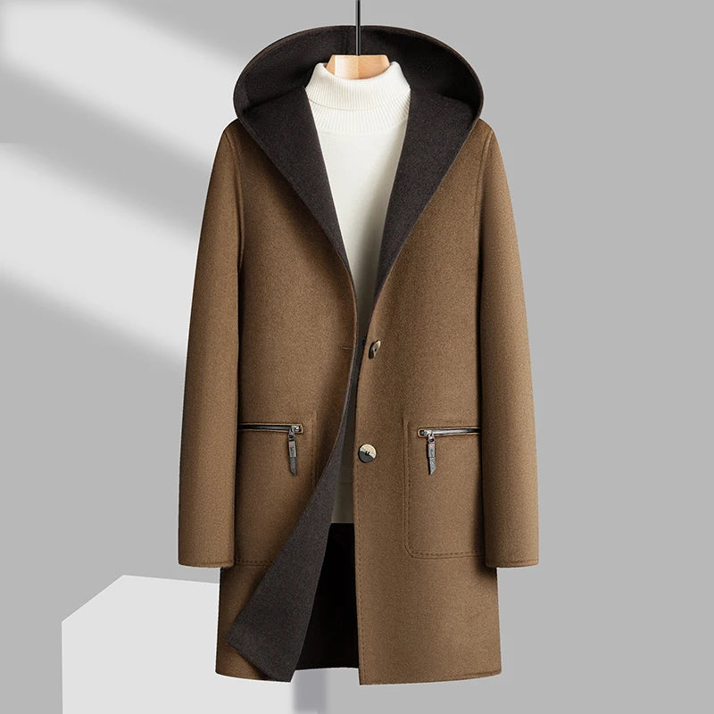 Double Sided Wearable Overcoat Men's Mid-Length Hooded Two Buttons Woolen Coat High Streetwear Loose 70% Wool Windbreaker Jacket