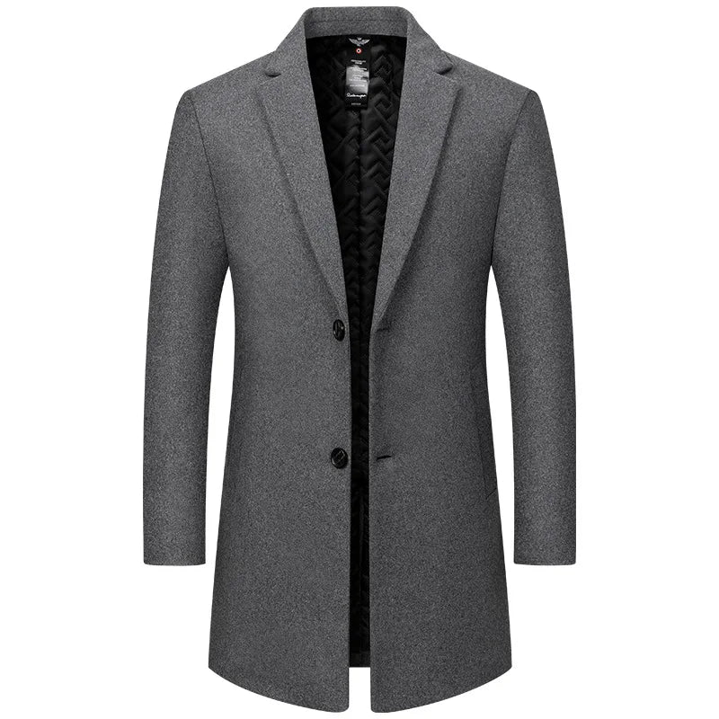 Men's Wool Trench Coats for Fall and Winter; Warm, Business-casual Long Jackets Available in Gray, Blue, and Black. 2027 New