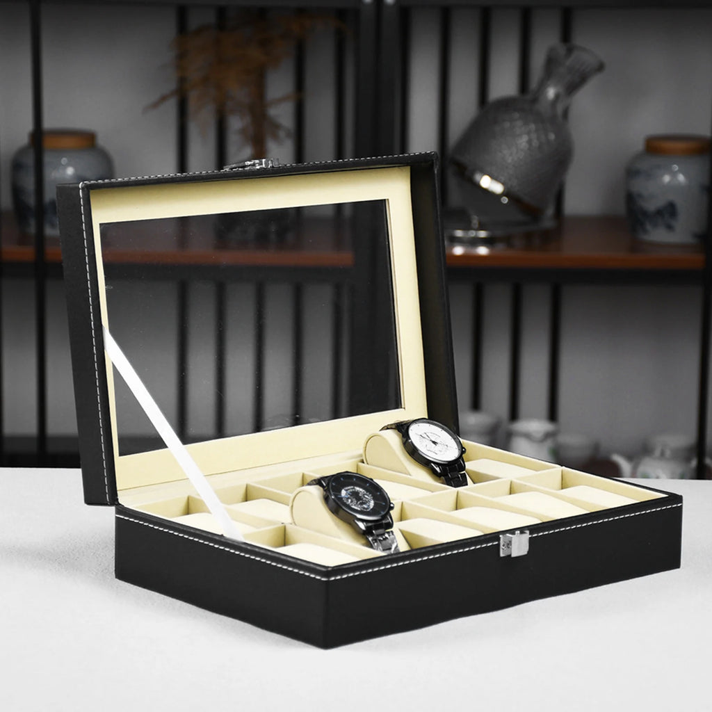 Boîtier de rangement pour 10/12 montres, présentoir en cuir PU avec couvercle en verre, vitrine à bijoux pour anniversaires et Noël