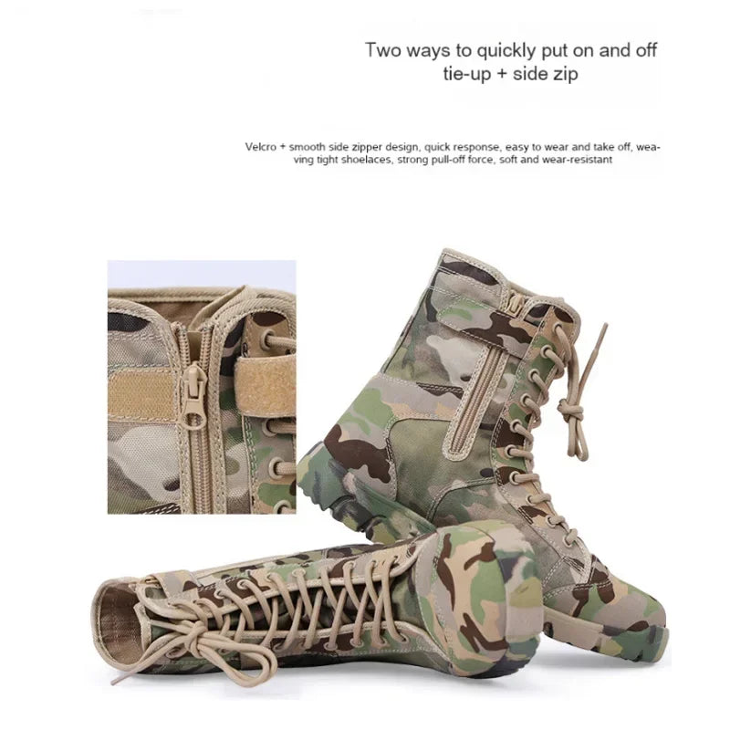 Bottes imperméables pour homme à lacets, bottines d’extérieur respirantes en toile camouflage, chaussures tactiques de combat pour le désert D139