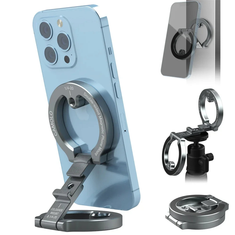 Doppelseitige magnetische Handyhalterung mit Kalteschoe 1/4"-20 Fitnessstudio-Auto-Handyhalterung MagSafe-Ständer für iPhone 17 16 15 14 13 Android Stativ