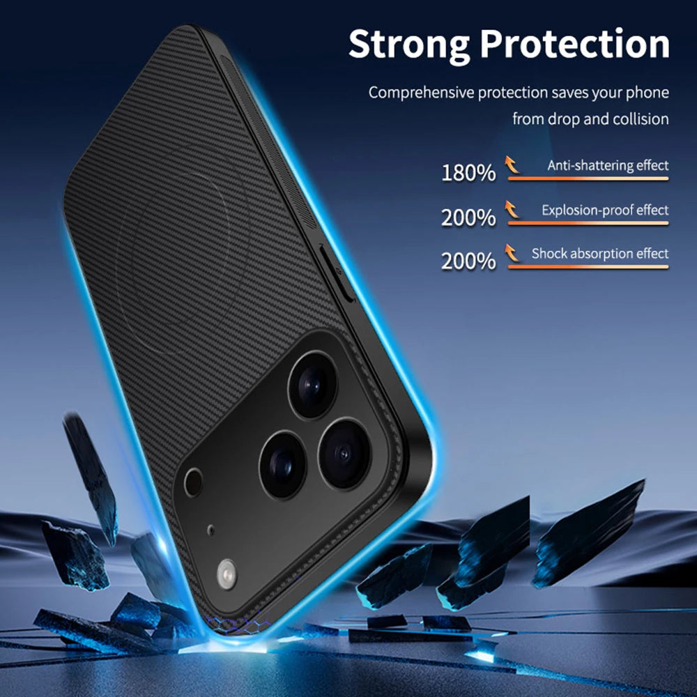 Built‑in Magnet Carbon Fiber Style Phone For Apple iPhone 18 17 16 15 14 13 Pro Max Air Cases Shell Anti‑Drop Anti‑Fingerprint