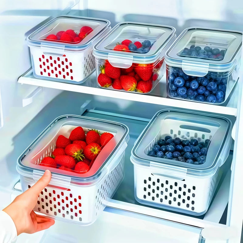 Lot de 6 contenants de grande capacité pour le rangement des fruits au réfrigérateur avec passoire amovible, garde les fruits rouges frais plus longtemps