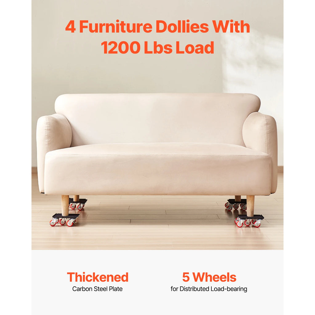 SucceBuy 4 chariots de manutention pour meubles 1200 lb/3474 lb, diables pour réfrigérateur avec 5 roulettes pivotantes à 360° & jeu d'outils de levage et glissement pour appareils électroménagers et canapés