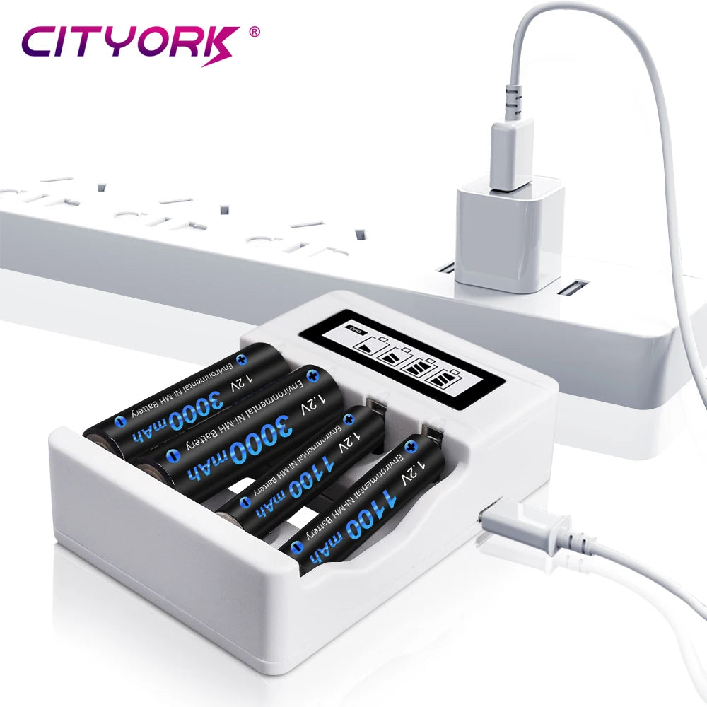 CITYORK 4–16 Stück 1,2-V-AA-NiMH-Akkus, 3000 mAh, AA HR6 Ni-MH-Batterien mit LCD-Ladegerät für 1,2-V-AA-/AAA-Akkus