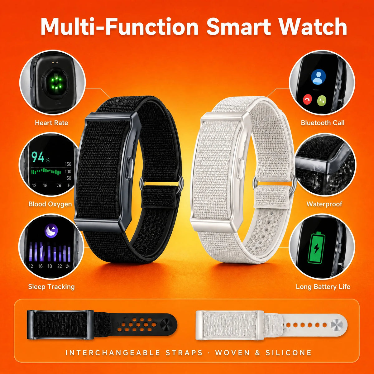 Elastic Nylon Braided Wrist Strap Sport Bracelet Breathable Fitness Heart Rate Sleep Monitor IP68 Pedometer Call Reminder Watch