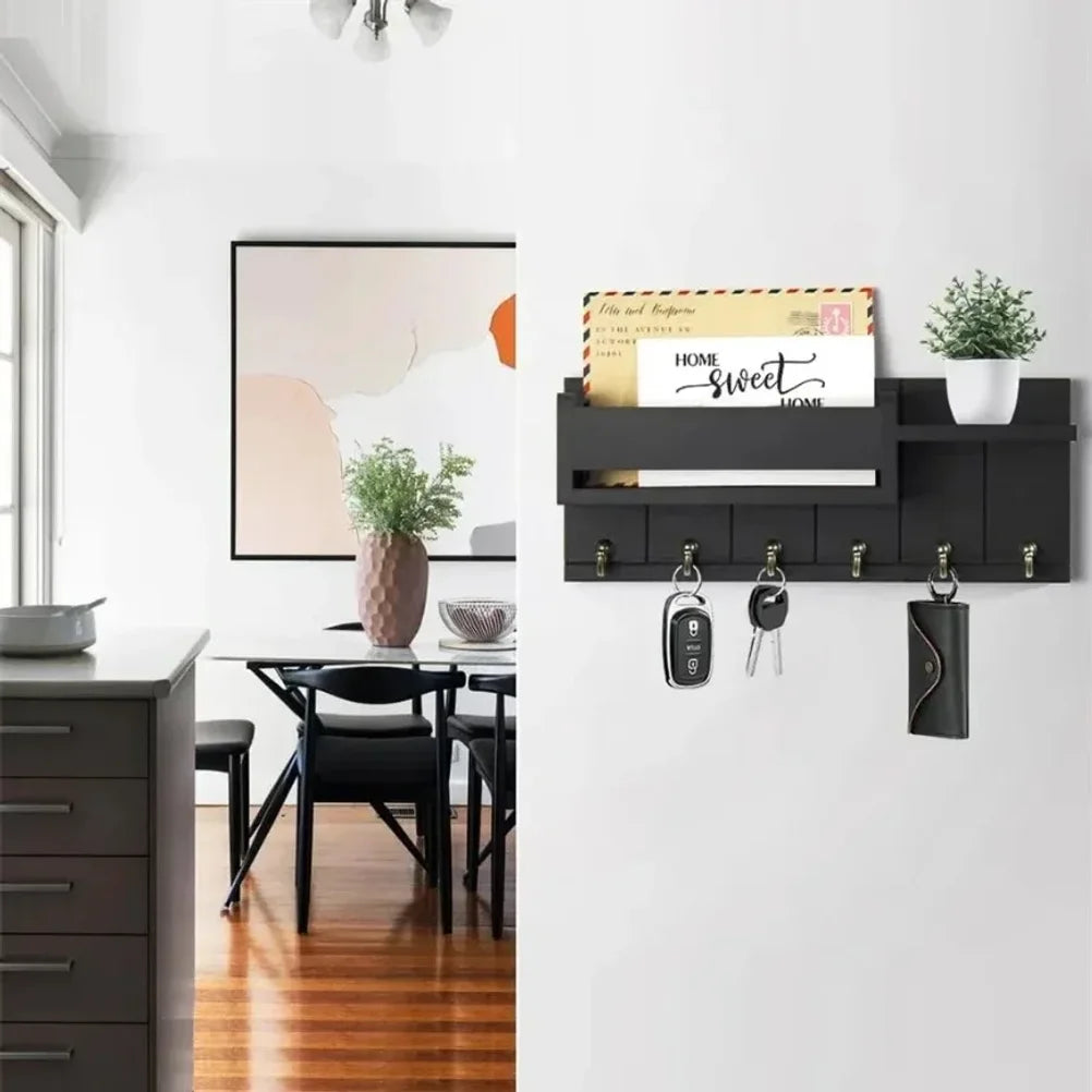 Wall-Mounted Wooden Key and Mail Holder with 6 Hooks