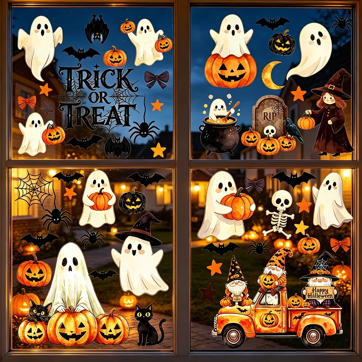 Adhesivos para ventanas de Halloween, decoraciones de Halloween, pegatinas decorativas de otoño para interiores | 6 hojas de adhesivos grandes para ventanas con fantasmas y calabazas